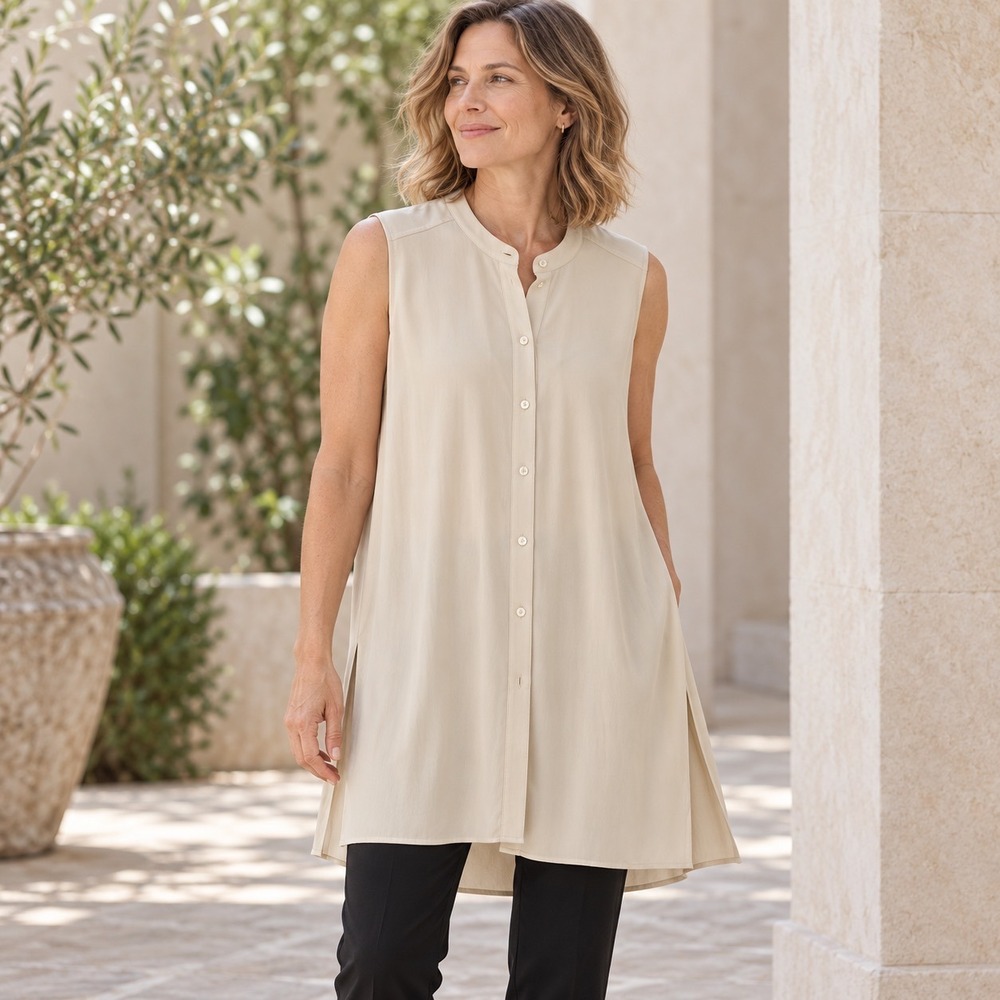 Eileen Fisher Tunic Top Women Medium Beige Silk Sleeveless Button Front 13661